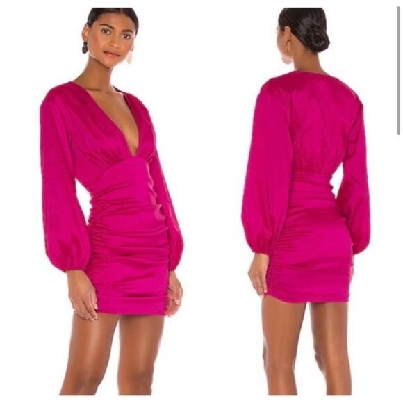 Lovers and Friends Lorenza Mini Dress Fuchsia Pink Long Sleeve V-Neck Size Large - Picture 2 of 11